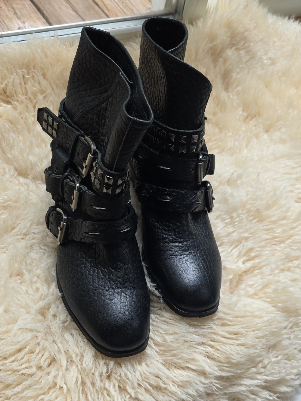 Alias Mae Black Studded Leather Buckle Ankle Moto Boots - Women